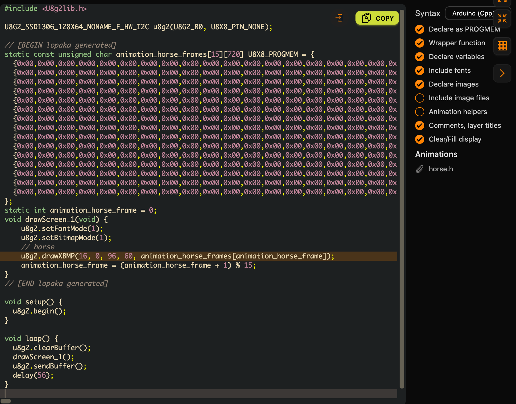 The code panel in Lopaka with the include and the display above the generated block, the frames array animation_horse_frames[15][720] U8X8_PROGMEM, the draw function, and setup and loop with delay(56) below; Animation helpers is unticked