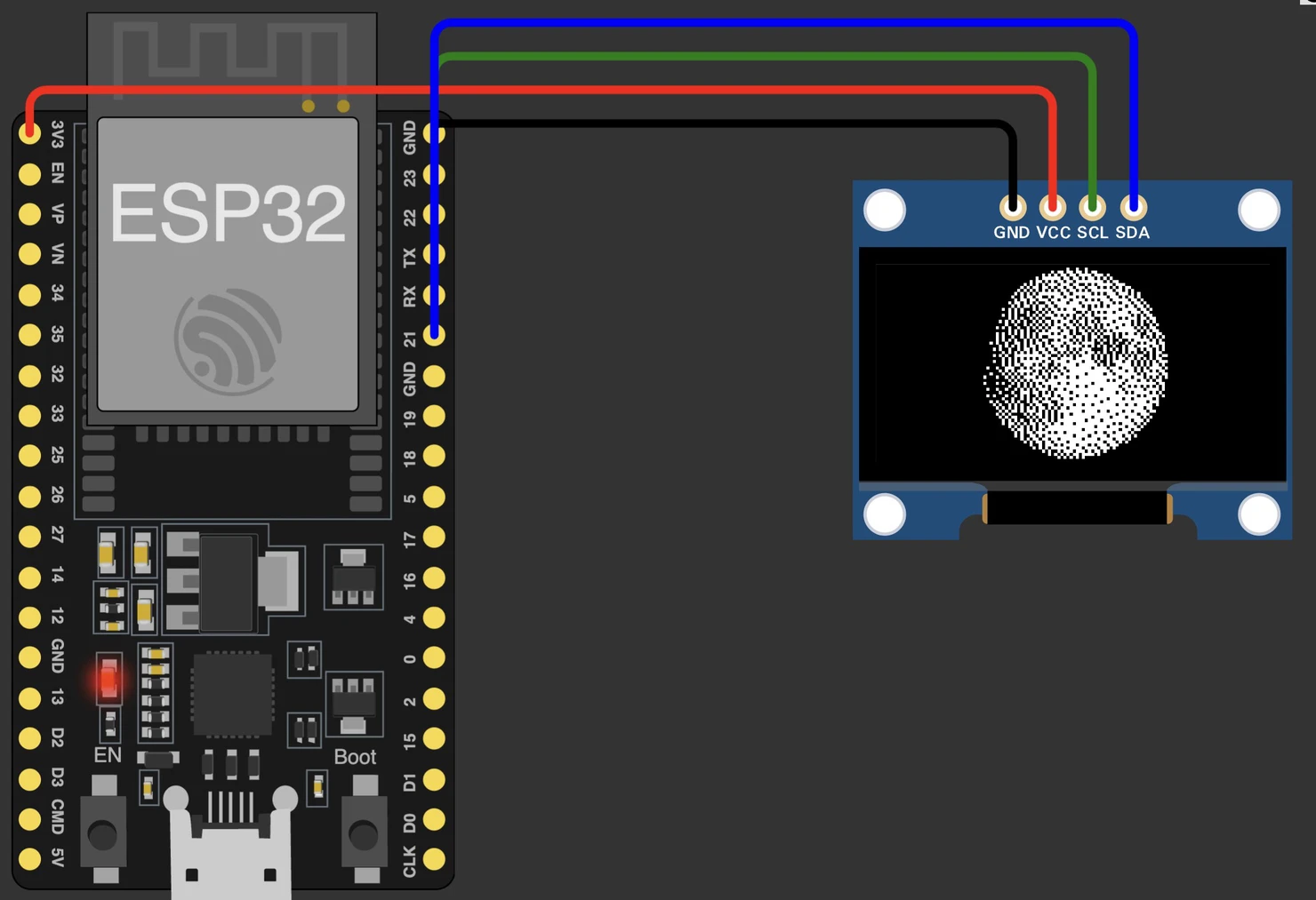 An ESP32 wired to an SSD1306 OLED in the simulator; the display shows the full moon drawn in dots