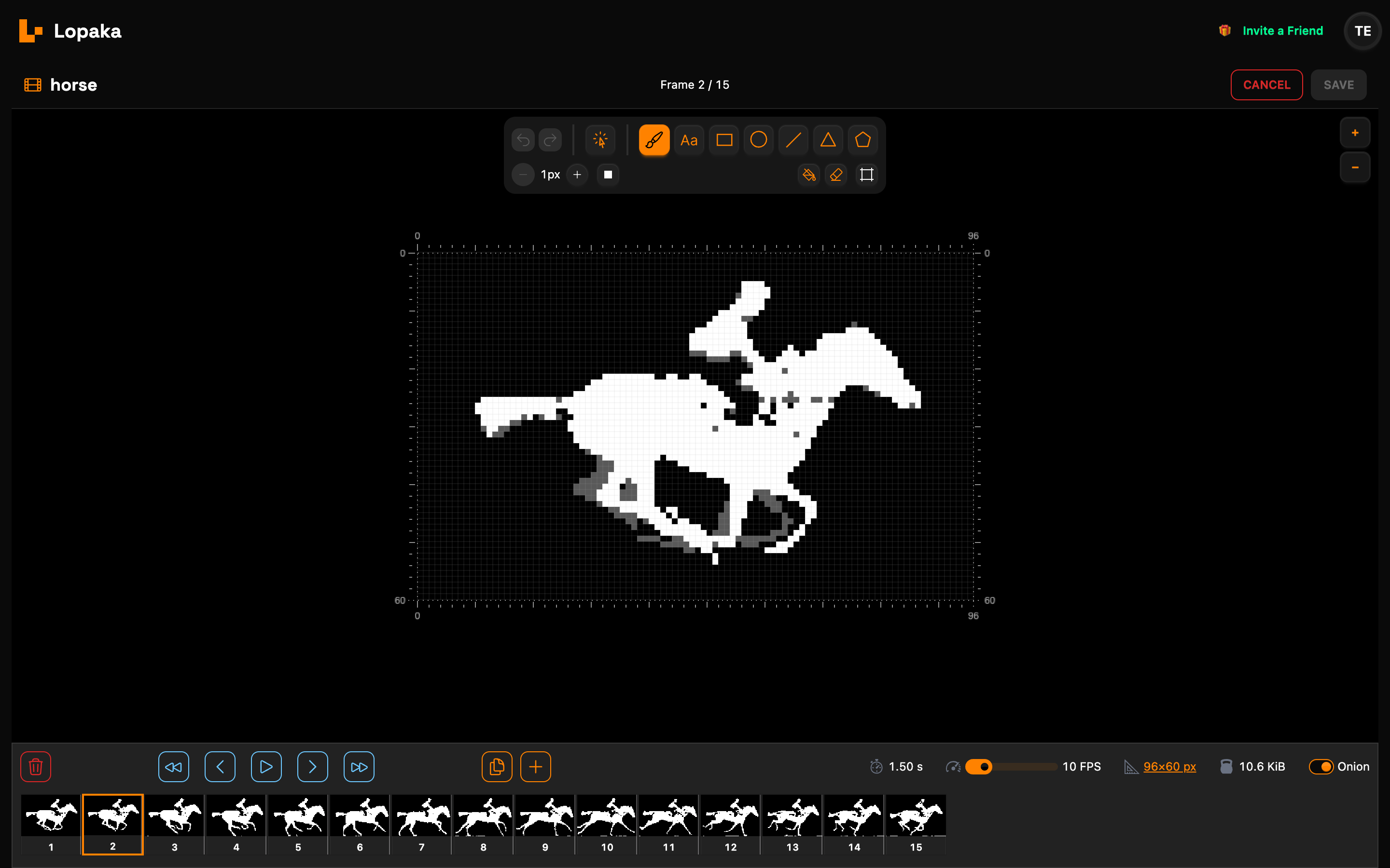 The frame editor on frame 2 of 15: the horse at 96×60 pixels with the previous frame showing through in grey, 10 FPS, 96×60 px and 10.6 KiB at the bottom, Onion on