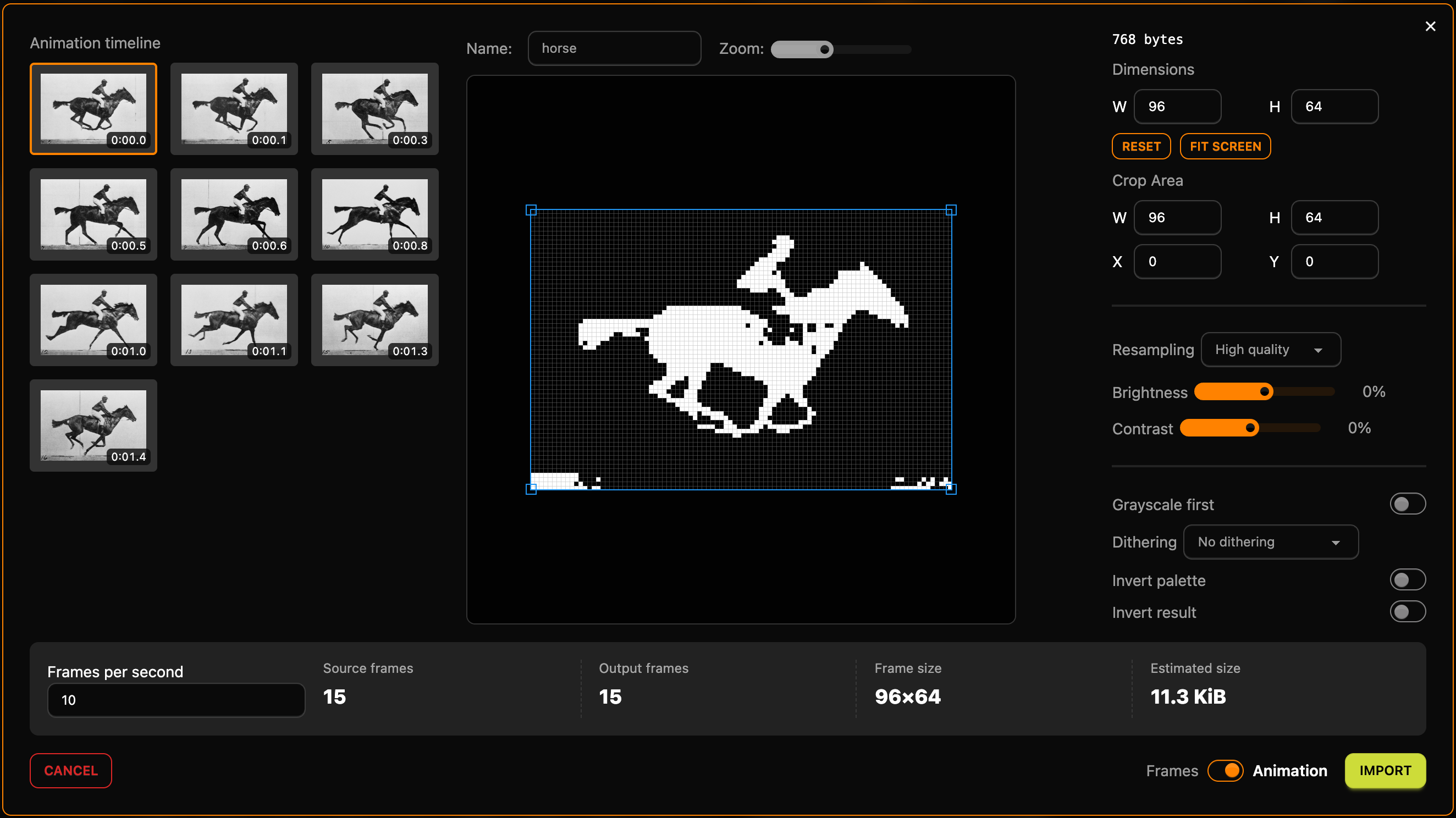 The import dialog with the horse GIF: 15 frames on the left, the white silhouette in the preview, Dithering set to No dithering, 10 frames per second, 15 source and output frames, frame size 96×64 and an estimated size of 11.3 KiB