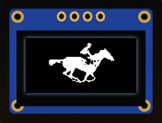 An SSD1306 OLED module showing a white silhouette of a galloping horse with a jockey