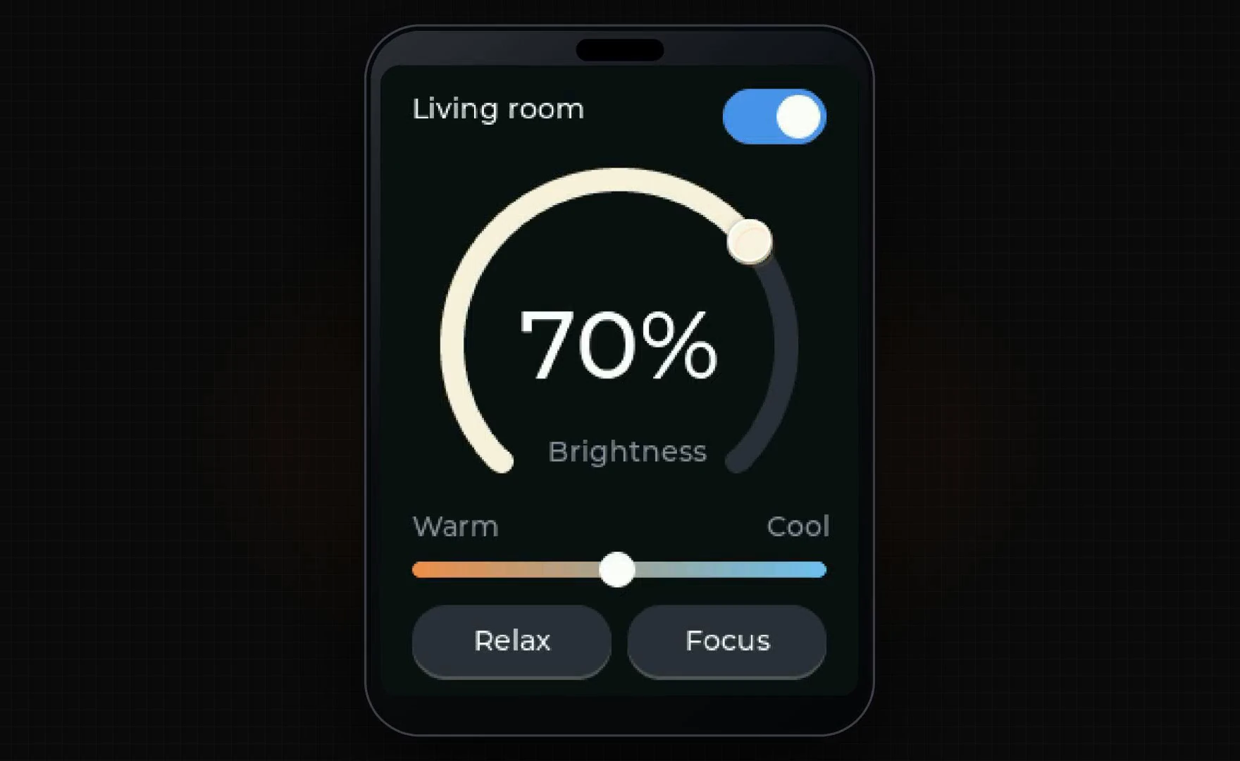 A phone-like touch screen showing a Living room light control with a power switch, a dial at 70% Brightness, a Warm to Cool slider and Relax and Focus buttons