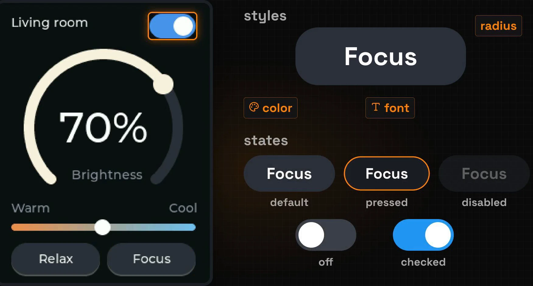 Styles of the Focus button: color, radius and font, and its three states default, pressed and disabled; below, the switch off and checked