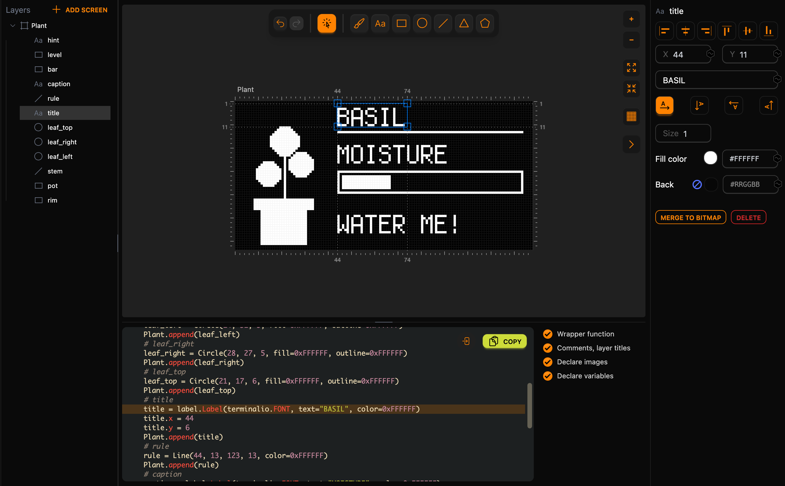 The plant monitor in Lopaka on a CircuitPython project: the title layer BASIL is selected at X 44, Y 11 with Size 1, and the code shows title = label.Label(terminalio.FONT, text="BASIL") with title.y = 6