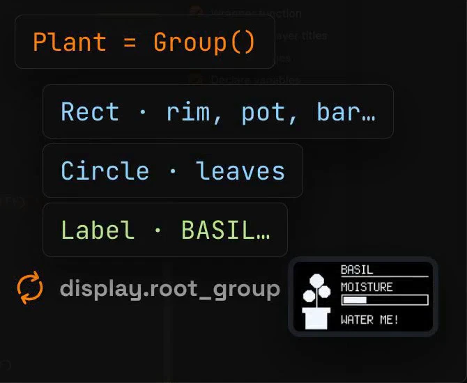 CircuitPython objects in a group: Plant = Group() holds Rect objects for the rim, pot and bar, Circle objects for the leaves and Label objects for BASIL and the other texts, and display.root_group shows the group on the screen