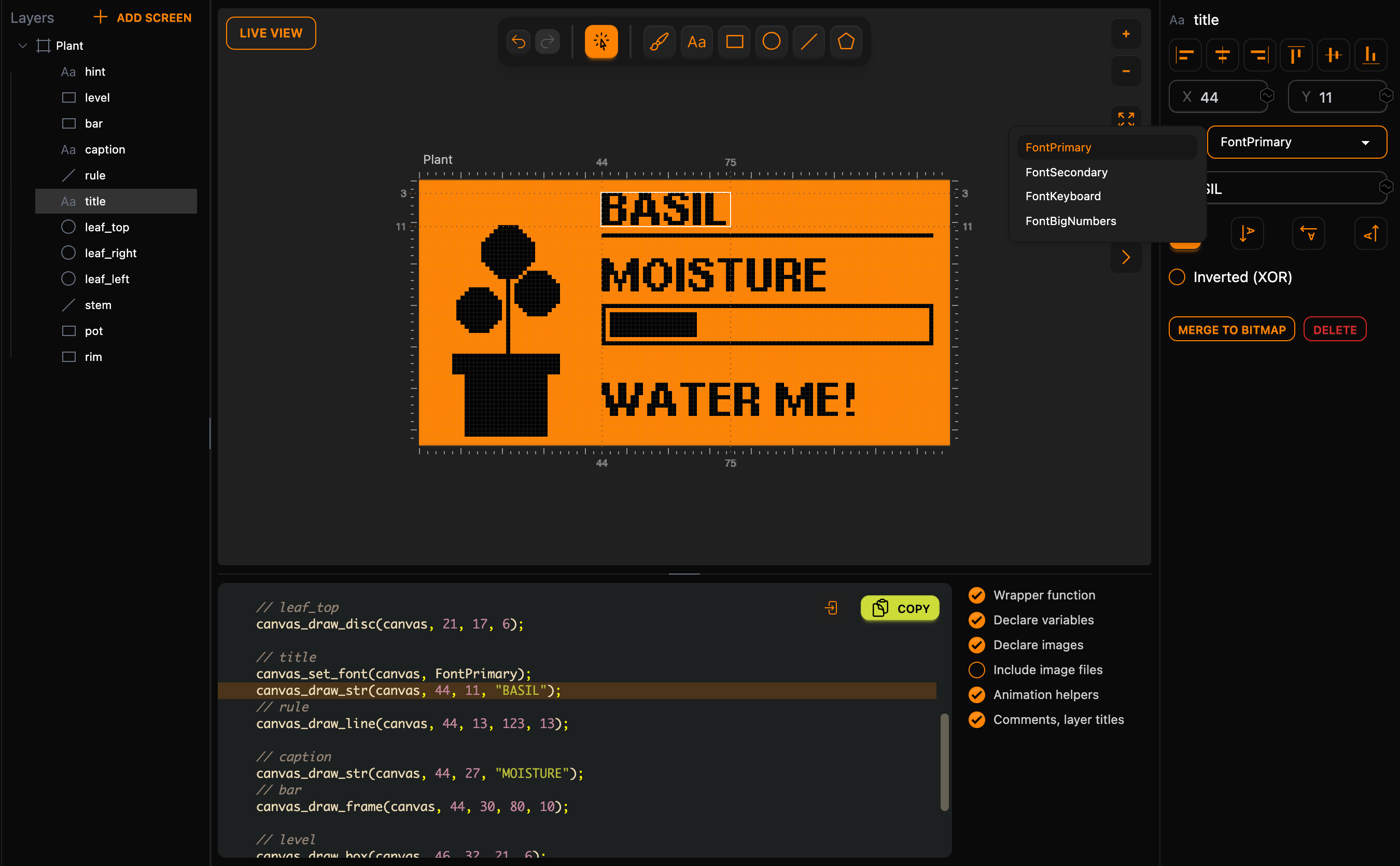 The plant monitor in Lopaka on a Flipper Zero project, black on orange: the title layer BASIL is selected and the font list shows FontPrimary, FontSecondary, FontKeyboard and FontBigNumbers