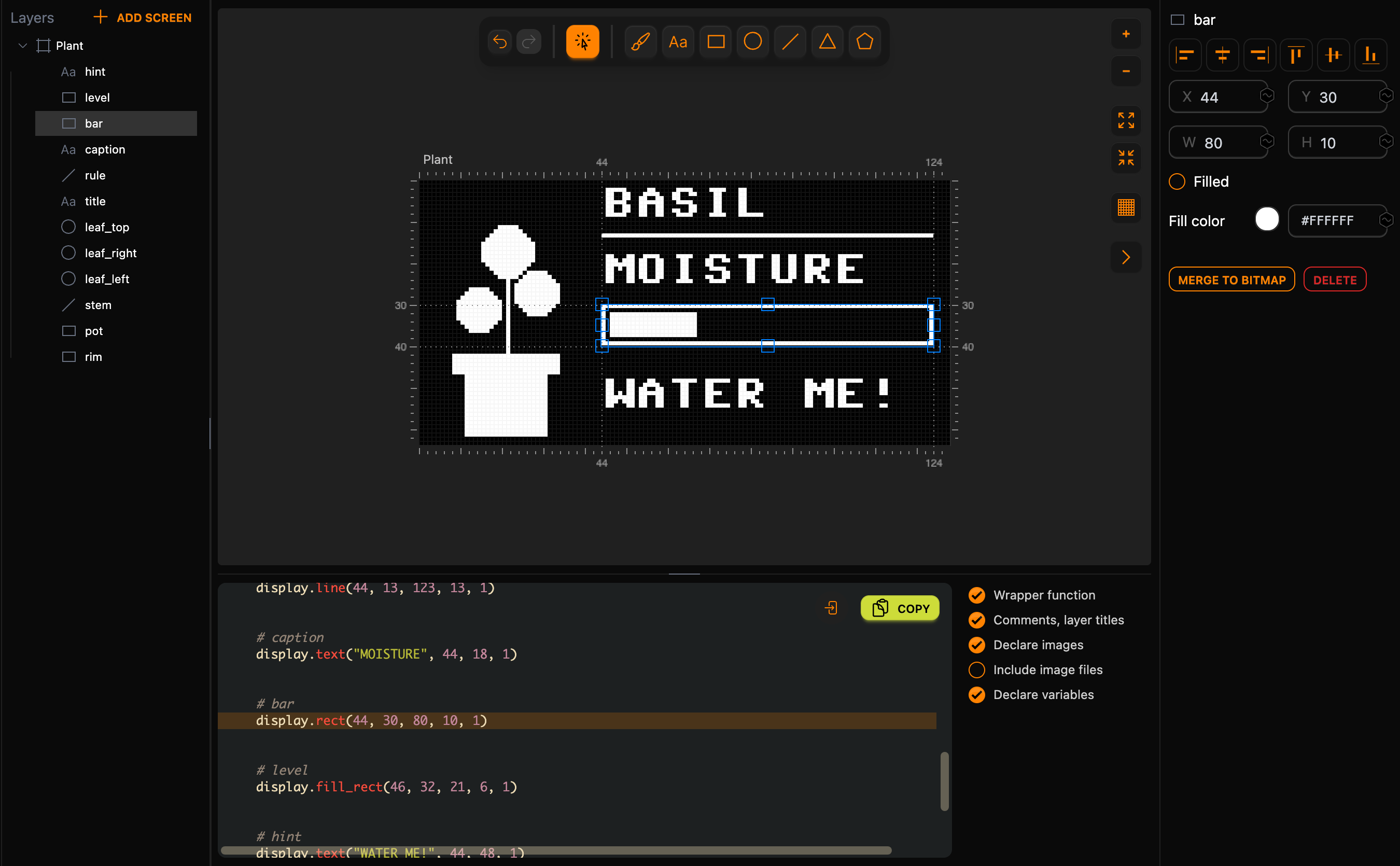 The plant monitor in Lopaka on a MicroPython project: the bar layer is selected with X 44, Y 30, W 80 and H 10 in the inspector, and the code panel highlights display.rect(44, 30, 80, 10, 1)