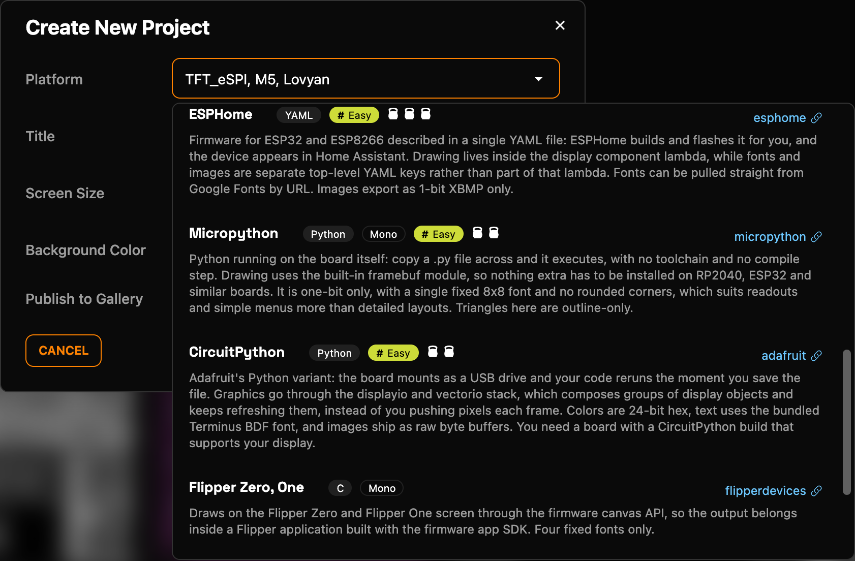 The Platform list in the Create New Project dialog: ESPHome with the YAML badge, Micropython and CircuitPython with the Python badge, and Flipper Zero, One with the C badge