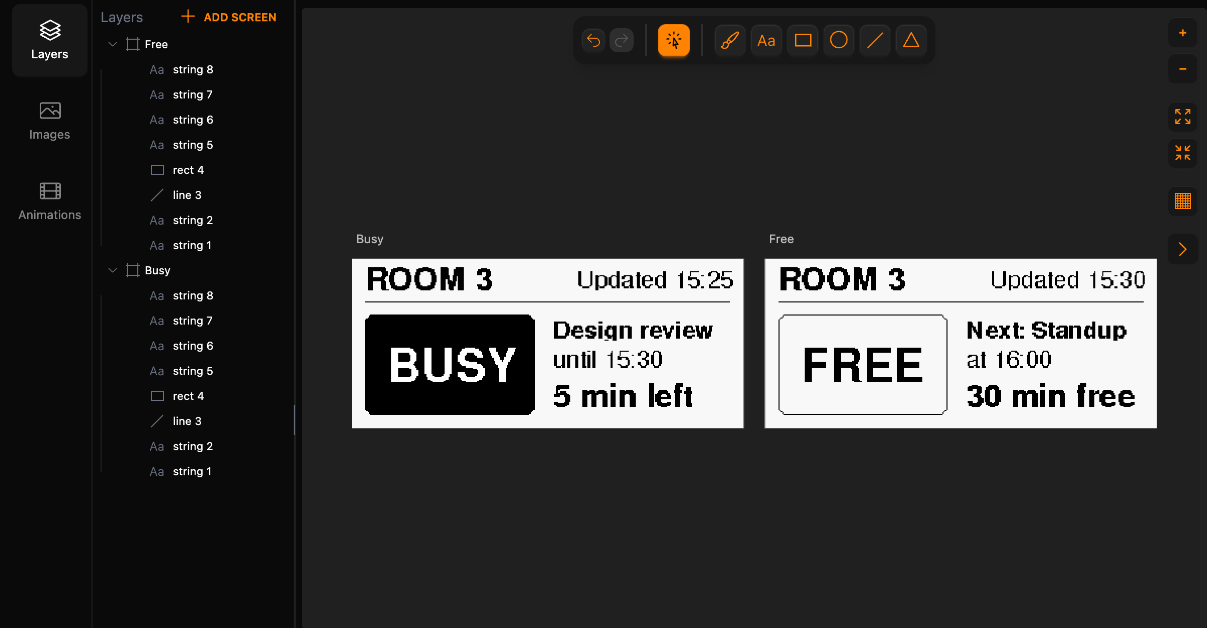 Both screens side by side on the canvas: Busy with the black BUSY block, and Free with FREE in an outlined frame, Next: Standup, at 16:00 and 30 min free