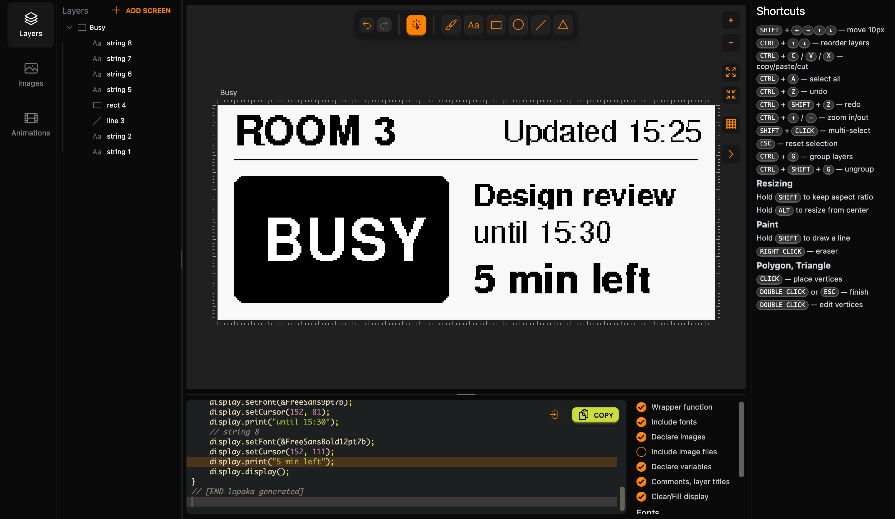 The Busy screen in the Lopaka editor: ROOM 3 and Updated 15:25 above a divider line, a black rounded block with BUSY in white, and Design review, until 15:30 and 5 min left on the right; the layers string 1 to string 8, line 3 and rect 4 on the left
