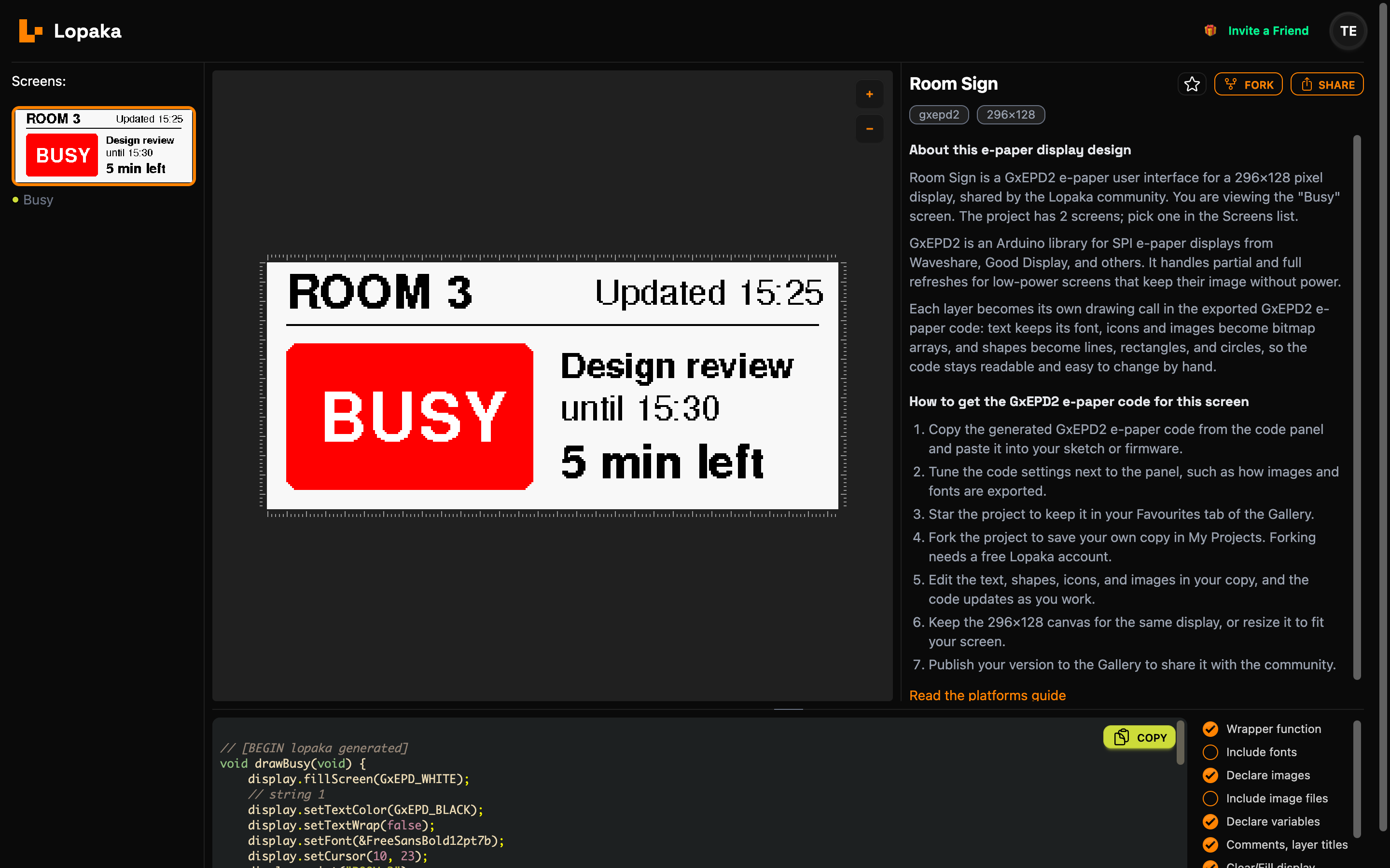 The gallery page of Room Sign: the Busy screen with the red block, its generated GxEPD2 code below, and Star, Fork and Share at the top right
