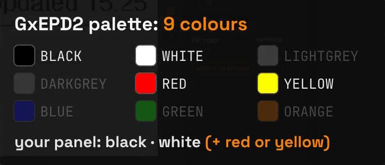 The GxEPD2 palette of 9 colours: black, white, light grey, dark grey, red, yellow, blue, green and orange; your panel shows black and white, plus red or yellow