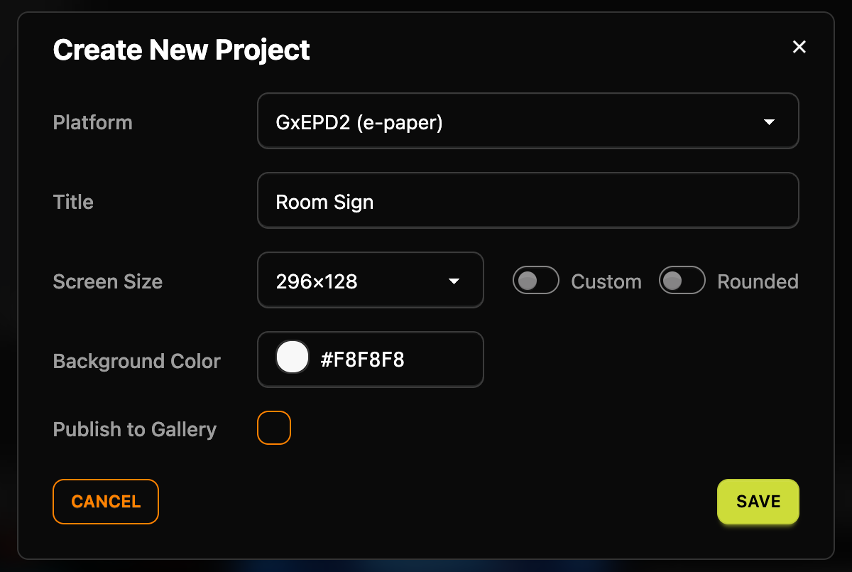 The Create New Project dialog with Platform GxEPD2 (e-paper), the title Room Sign, the screen size 296×128 and the background colour #F8F8F8