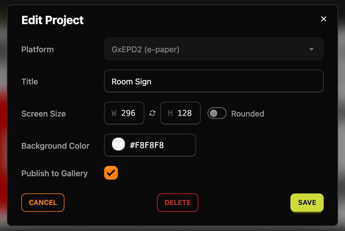 The Edit Project dialog for Room Sign with Platform GxEPD2 (e-paper), screen size 296 by 128 and Publish to Gallery checked