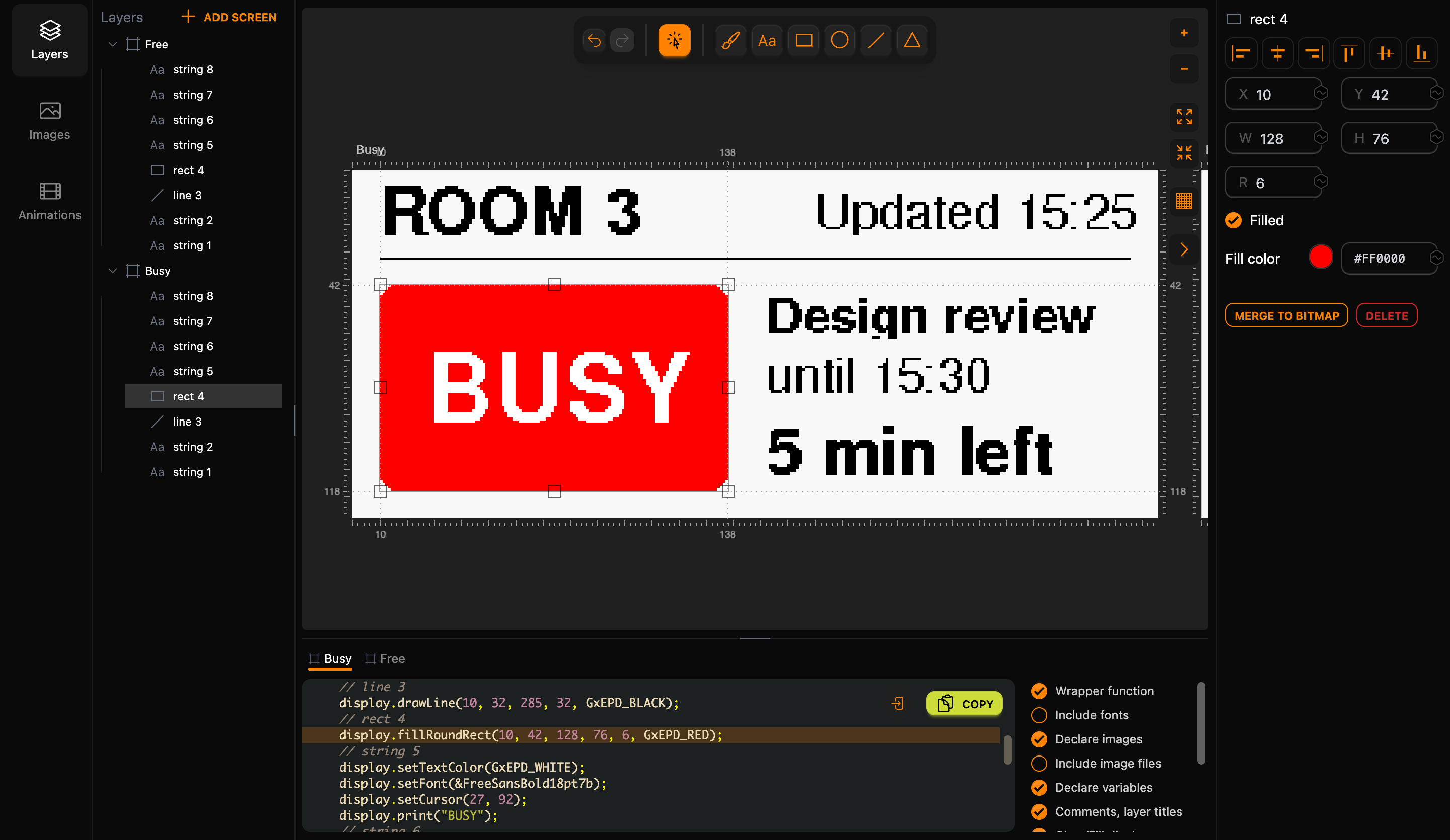 The Busy screen with a red block behind the white BUSY, the inspector showing rect 4 with Fill color #FF0000, and the line fillRoundRect(10, 42, 128, 76, 6, GxEPD_RED) highlighted in the code
