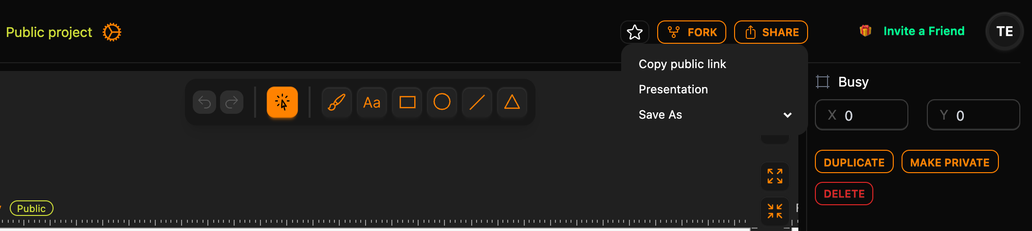 The Share menu open with Copy public link, Presentation and Save As; the Busy screen has a Public badge, the project is marked Public project, and the inspector shows Make Private